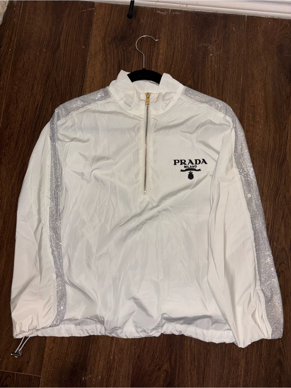Prada White Rhinestone Nylon Quarter Zip Jacket